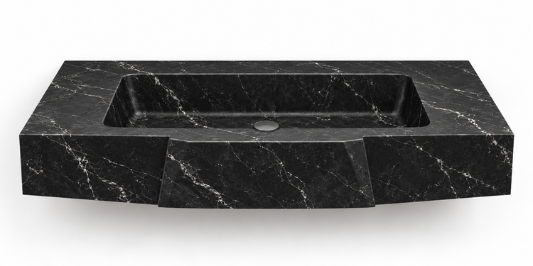 Origami Nero Marquina faceted front floating sink, front view design rendering