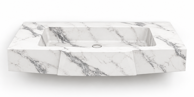 Origami Statuario faceted front floating sink, front view design rendering