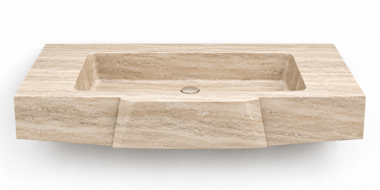 Origami Travertine faceted front floating sink, front view design rendering