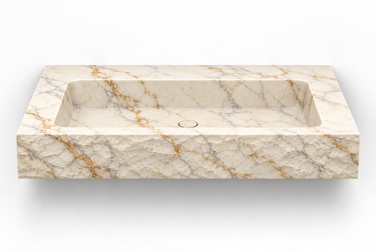 Petra Calacatta Gold chiseled front floating sink, front view design rendering