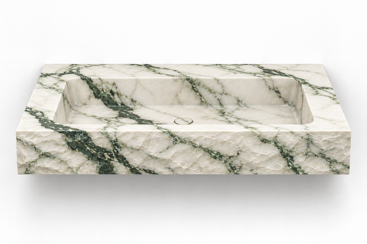 Petra Calacatta Green chiseled front floating sink, front view design rendering