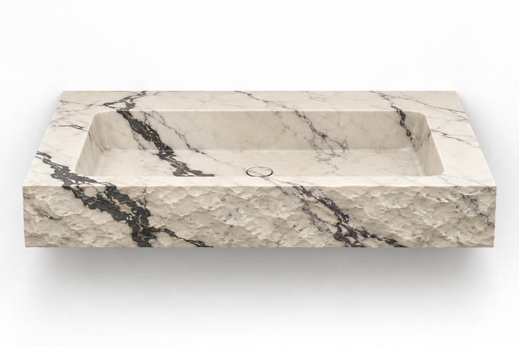 Petra Calacatta Viola chiseled front floating sink, front view design rendering