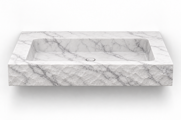 Petra Carrara chiseled front floating sink, front view design rendering