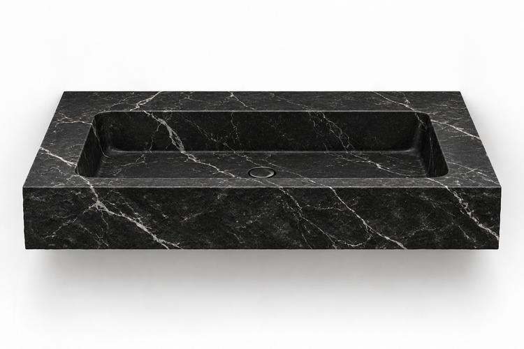 Petra Nero Marquina chiseled front floating sink, front view design rendering