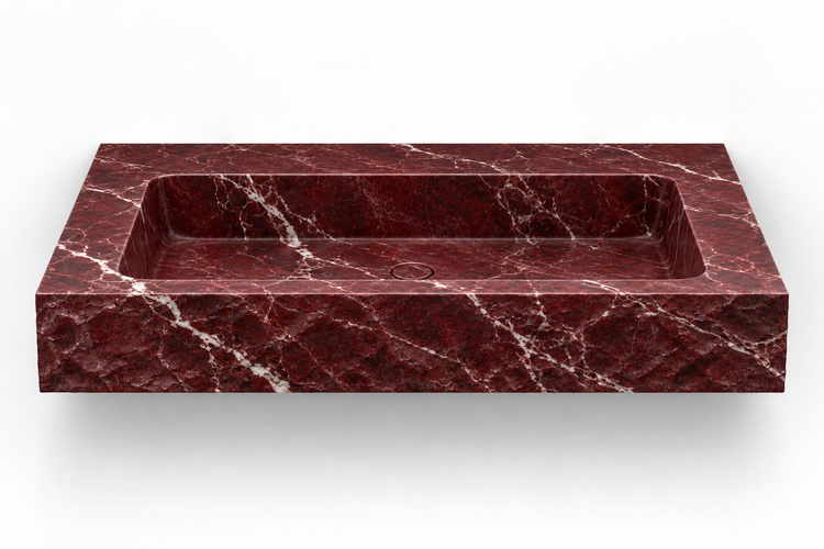 Petra Rosso Levanto chiseled front floating sink, front view design rendering