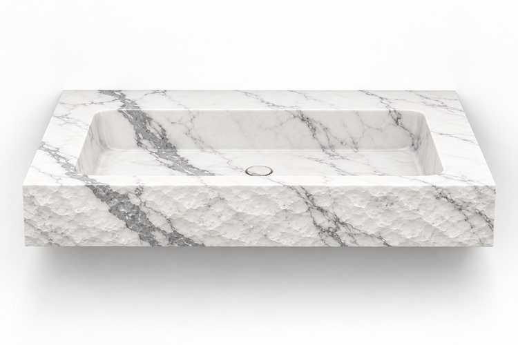 Petra Statuario chiseled front floating sink, front view design rendering