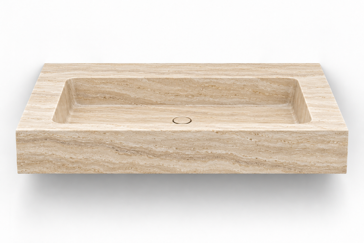 Petra Travertine chiseled front floating sink, front view design rendering