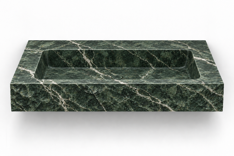 Petra Verde Alpi chiseled front floating sink, front view design rendering