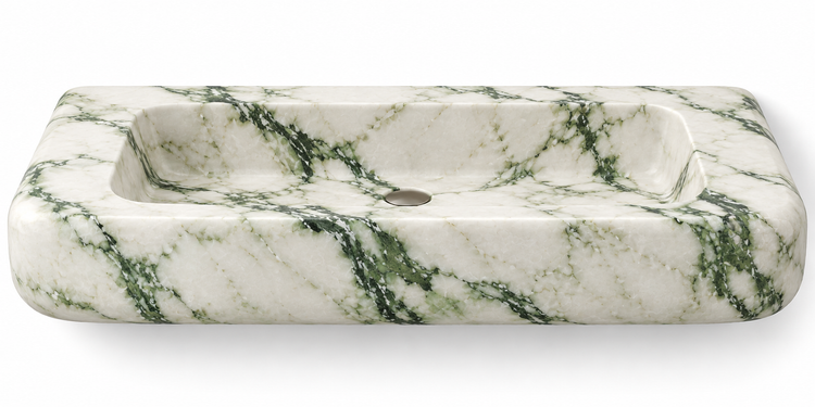 Pillow Calacatta Green soft-edge floating sink, front view design rendering