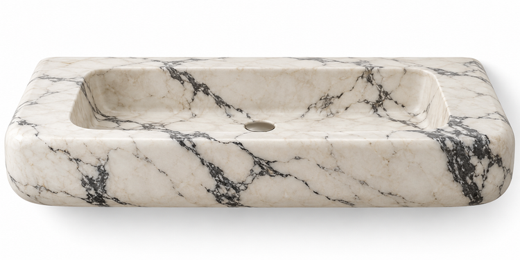 Pillow Calacatta Viola soft-edge floating sink, front view design rendering