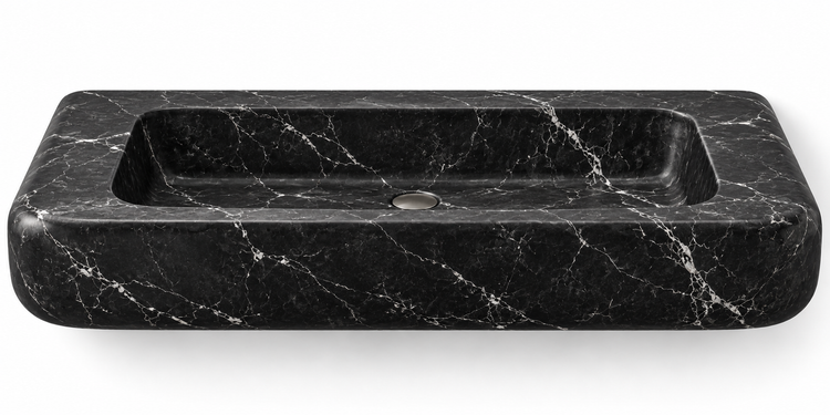 Pillow Nero Marquina soft-edge floating sink, front view design rendering