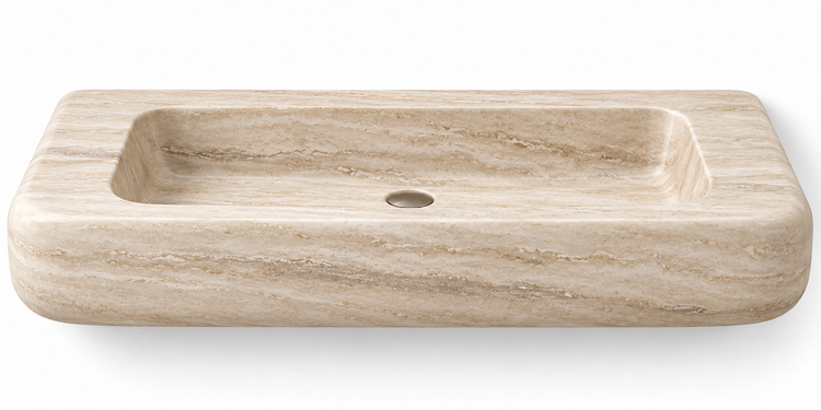 Pillow Travertine soft-edge floating sink, front view design rendering