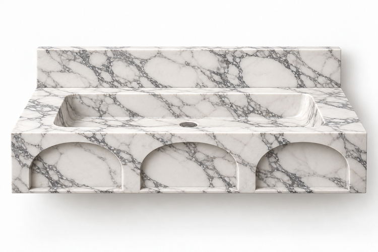 Portico Arabescato arch-relief floating sink, front view design rendering