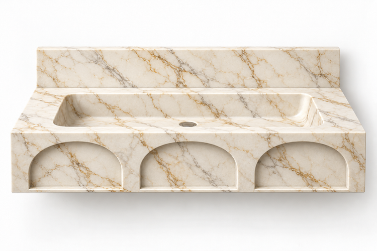 Portico Calacatta Gold arch-relief floating sink, front view design rendering