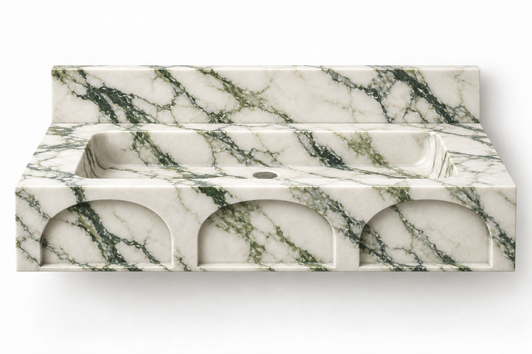 Portico Calacatta Green arch-relief floating sink, front view design rendering