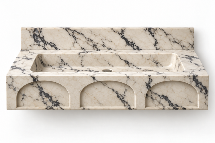 Portico Calacatta Viola arch-relief floating sink, front view design rendering