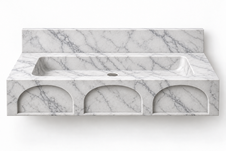 Portico Carrara arch-relief floating sink, front view design rendering