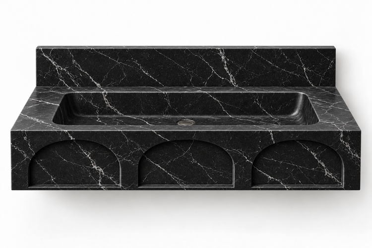 Portico Nero Marquina arch-relief floating sink, front view design rendering