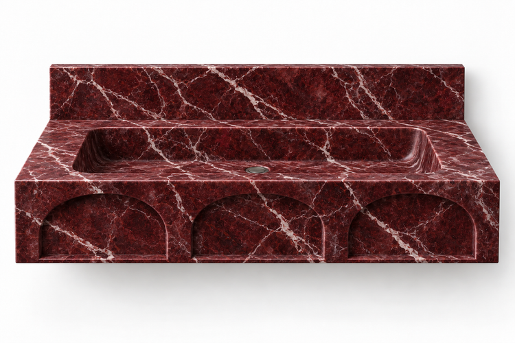 Portico Rosso Levanto arch-relief floating sink, front view design rendering
