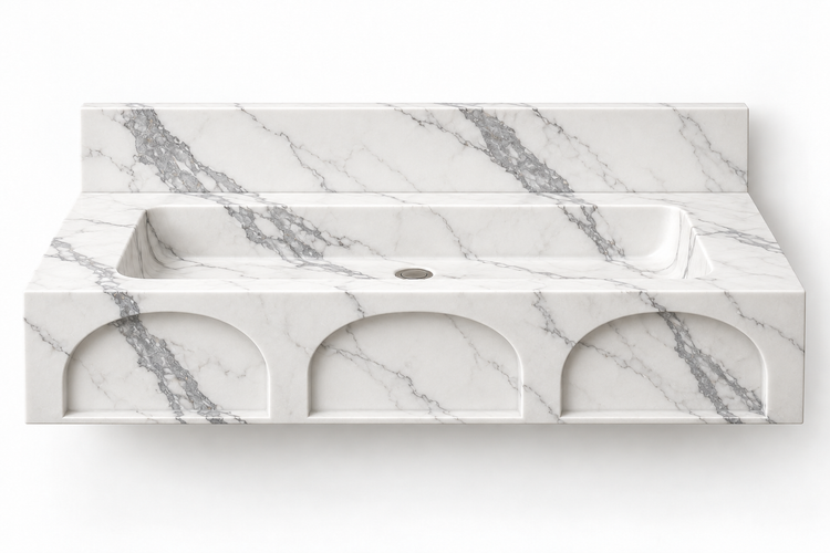 Portico Statuario arch-relief floating sink, front view design rendering