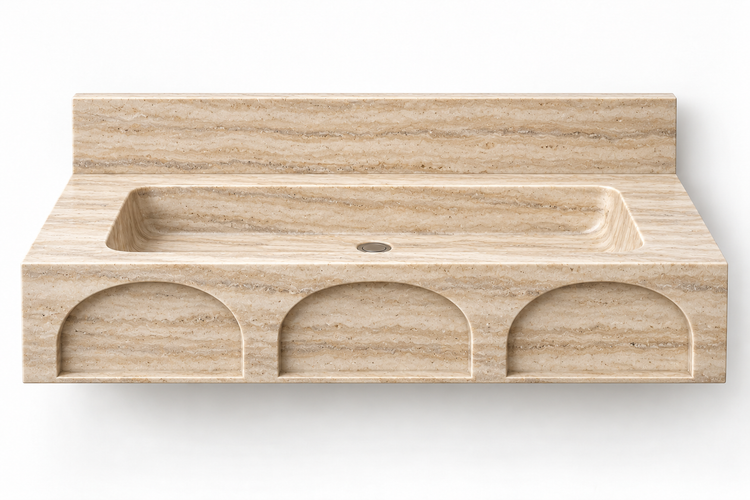 Portico Travertine arch-relief floating sink, front view design rendering
