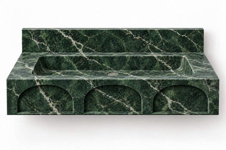 Portico Verde Alpi arch-relief floating sink, front view design rendering