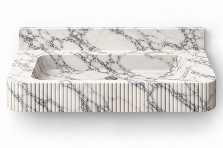 Reed Arabescato fine-fluted floating sink, front view design rendering