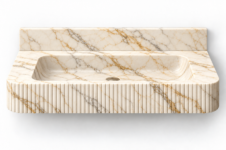 Reed Calacatta Gold fine-fluted floating sink, front view design rendering