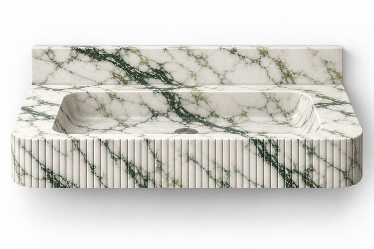 Reed Calacatta Green fine-fluted floating sink, front view design rendering