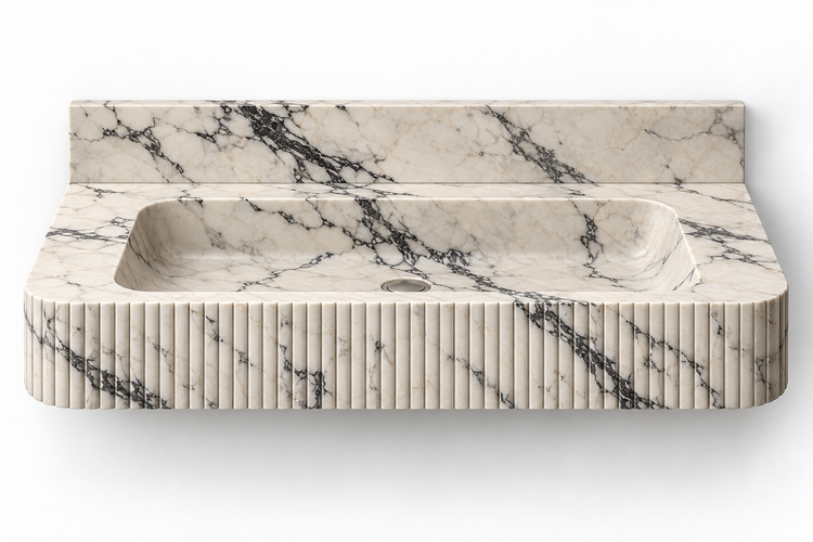 Reed Calacatta Viola fine-fluted floating sink, front view design rendering