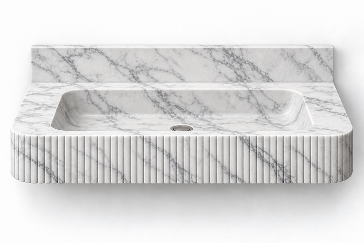 Reed Carrara fine-fluted floating sink, front view design rendering