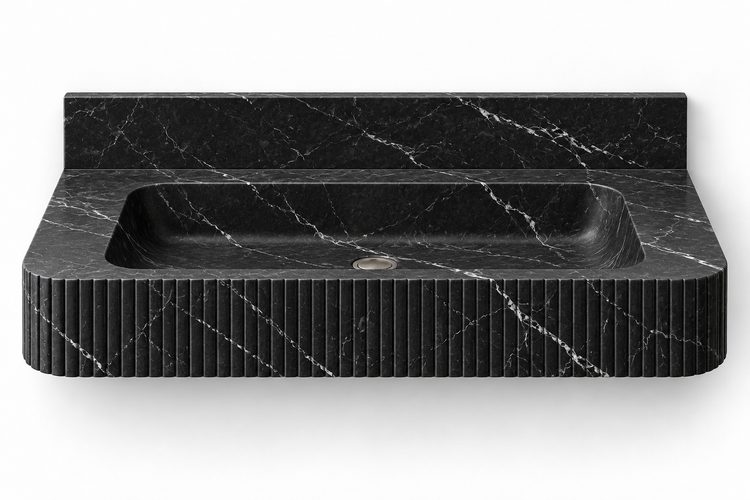 Reed Nero Marquina fine-fluted floating sink, front view design rendering