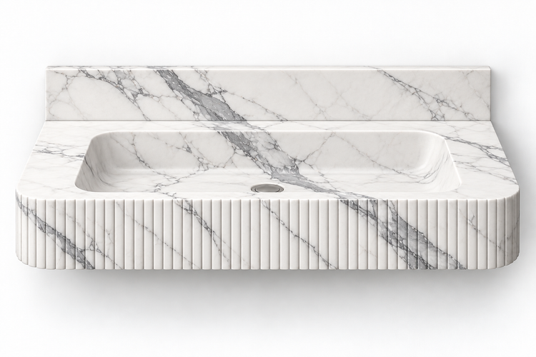 Reed Statuario fine-fluted floating sink, front view design rendering