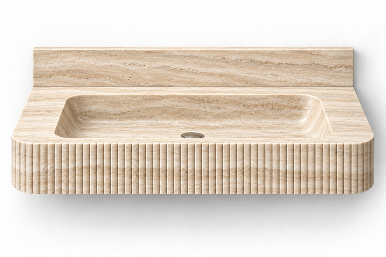 Reed Travertine fine-fluted floating sink, front view design rendering