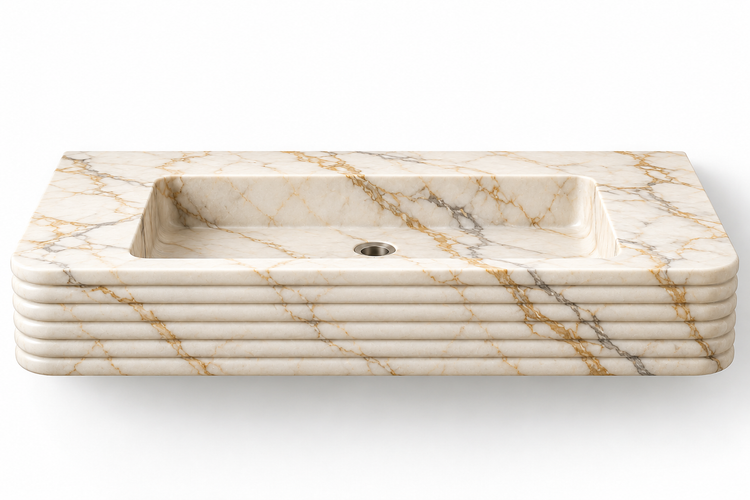 Ribbon Calacatta Gold horizontal-ribbed floating sink, front view design rendering