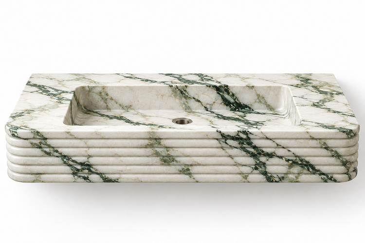 Ribbon Calacatta Green horizontal-ribbed floating sink, front view design rendering