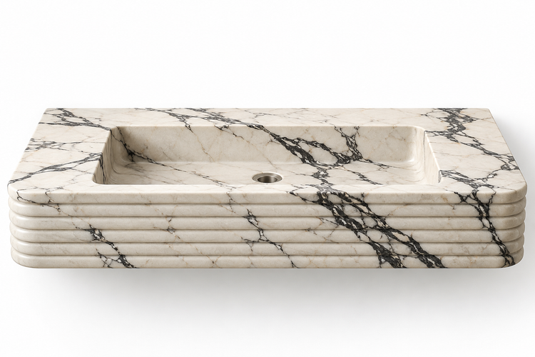 Ribbon Calacatta Viola horizontal-ribbed floating sink, front view design rendering