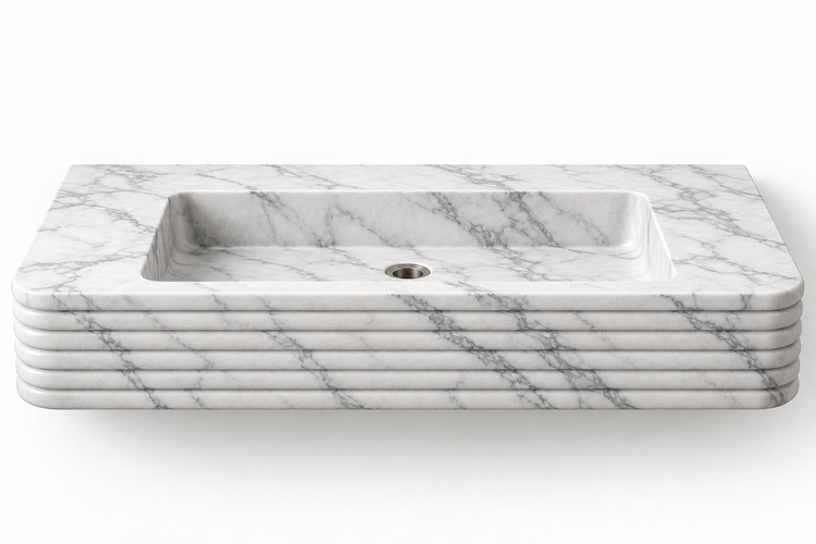 Ribbon Carrara horizontal-ribbed floating sink, front view design rendering
