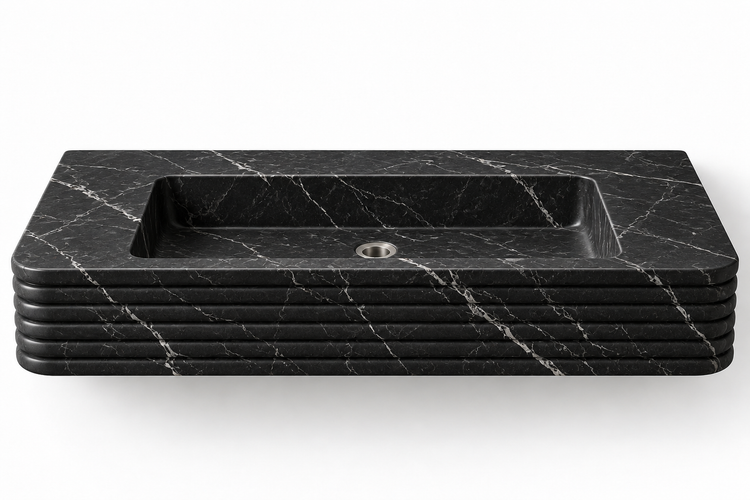 Ribbon Nero Marquina horizontal-ribbed floating sink, front view design rendering