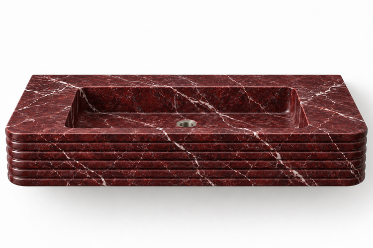 Ribbon Rosso Levanto horizontal-ribbed floating sink, front view design rendering