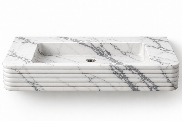 Ribbon Statuario horizontal-ribbed floating sink, front view design rendering