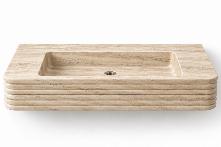 Ribbon Travertine horizontal-ribbed floating sink, front view design rendering
