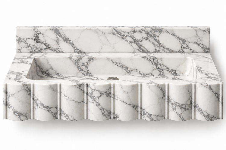 Scallop Arabescato broad-fluted floating sink, front view design rendering