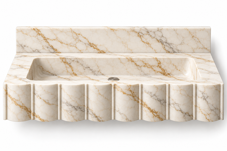 Scallop Calacatta Gold broad-fluted floating sink, front view design rendering