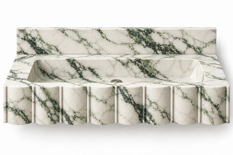 Scallop Calacatta Green broad-fluted floating sink, front view design rendering