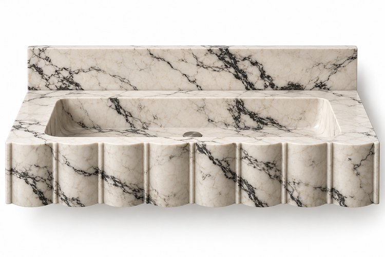 Scallop Calacatta Viola broad-fluted floating sink, front view design rendering