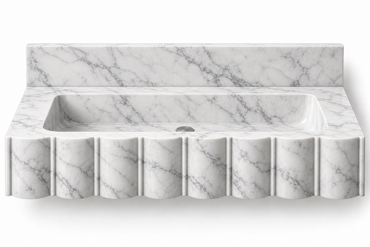 Scallop Carrara broad-fluted floating sink, front view design rendering