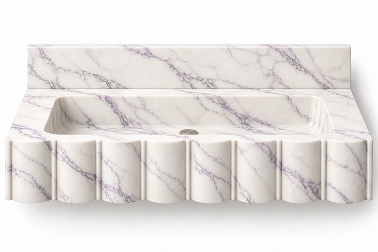 Scallop Lilac broad-fluted floating sink, front view design rendering
