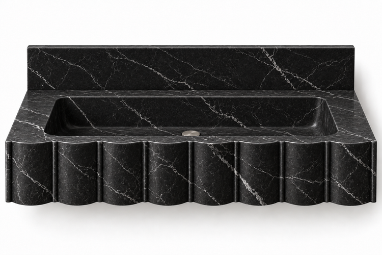 Scallop Nero Marquina broad-fluted floating sink, front view design rendering