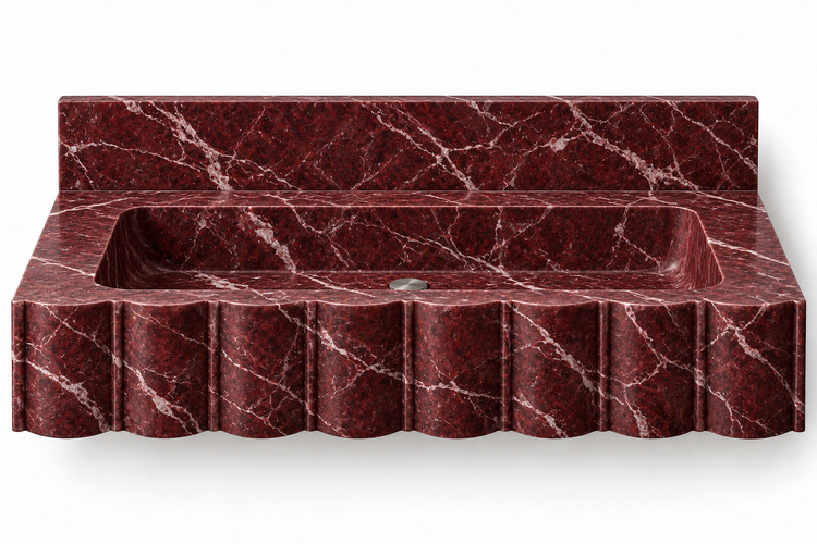 Scallop Rosso Levanto broad-fluted floating sink, front view design rendering
